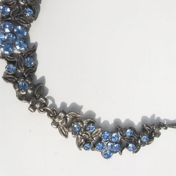 Rhinestone Floral Necklace, Silver and Blue - Picture 2 of 8